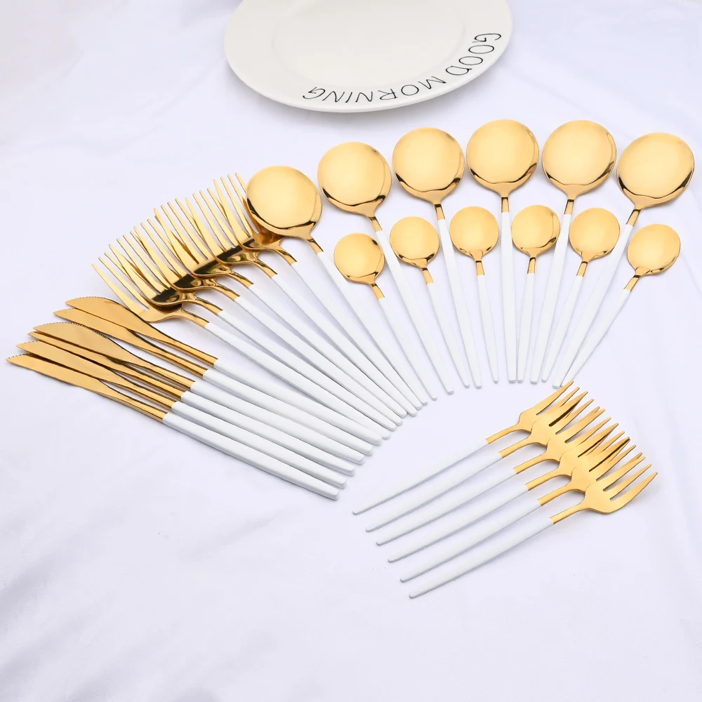

30Pcs White Gold Dinnerware Cutlery Set Stainless Steel Silverware Knife Fruit Fork Coffee Spoon Flatware Kitchen Tableware Set