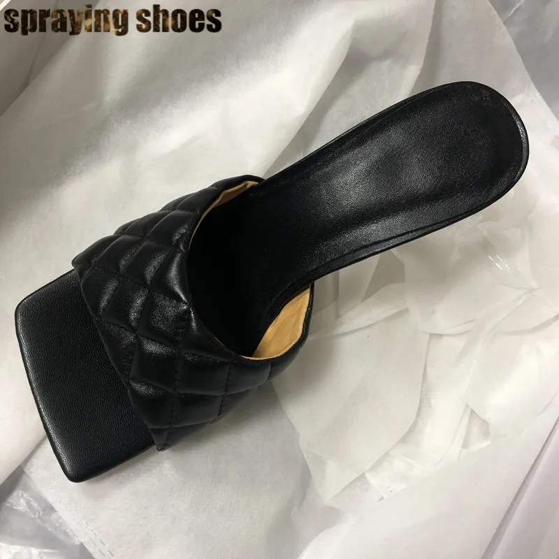 Genuine Leather Стильные женские шлепанцы с квадратным носком; Летние кожаные босоножки; пикантные шлепанцы на высоком каблуке; Женская обувь в римском стиле - Цвет: Genuine Leather