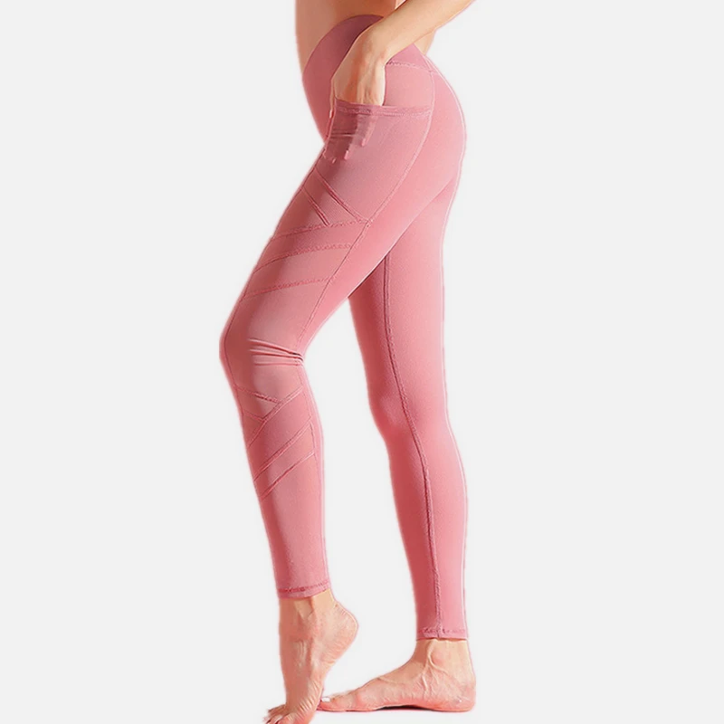 pink Oyoo с высокой посадкой сетчатые брюки для йоги, детские брюки с карманами и с плетеным кружевом; эластичные сексуальные пуш-ап для бега спортивные Леггинсы черные колготки для занятий фитнесом, спортом для Для женщин - Цвет: pink