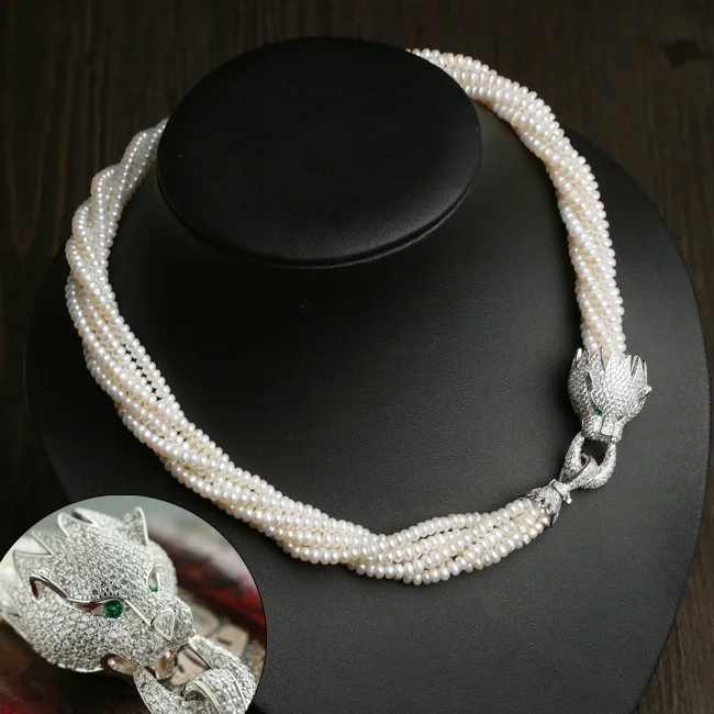 Fine jewelry  cubic zircon leopard head 4-5mm freshwater pearls multilayer choker necklaces