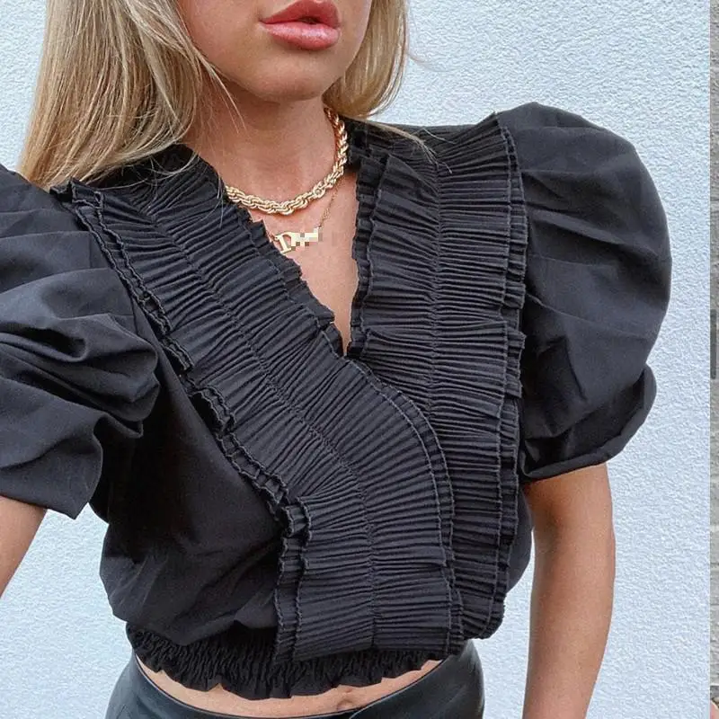 Блузка женская плиссированная с пышными короткими рукавами милая приталенная
