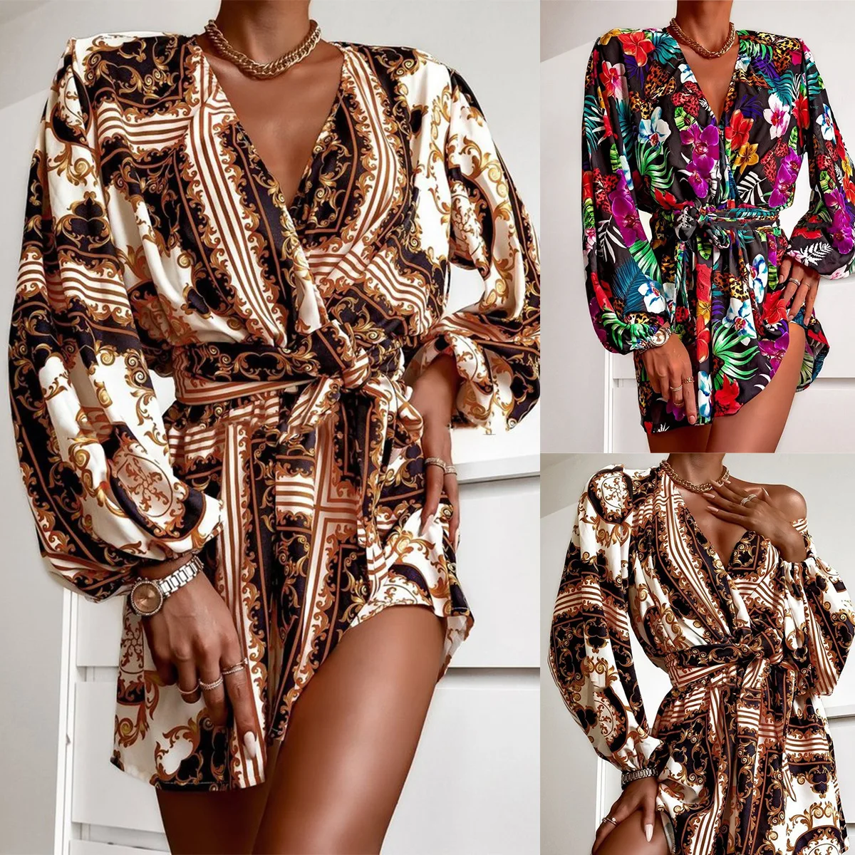 

Fall 2021 New V-neck Printed Lantern Sleeve Long Sleeve Dress for Women French Above Knee, Mini Office Lady