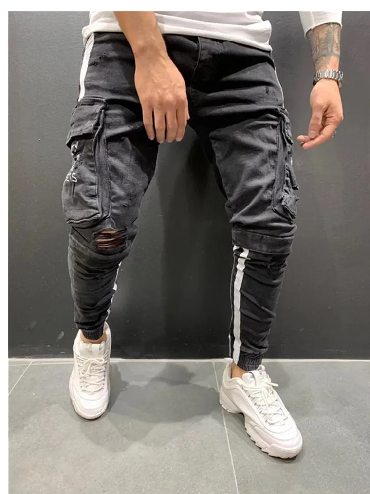 

Men's Skinny Ripped Stretch-Fit Jeans Men's Stripe Printed Letters Hip-Hop Pencil Pants Denim Men Slim Multi-Pocket Cargo Pants
