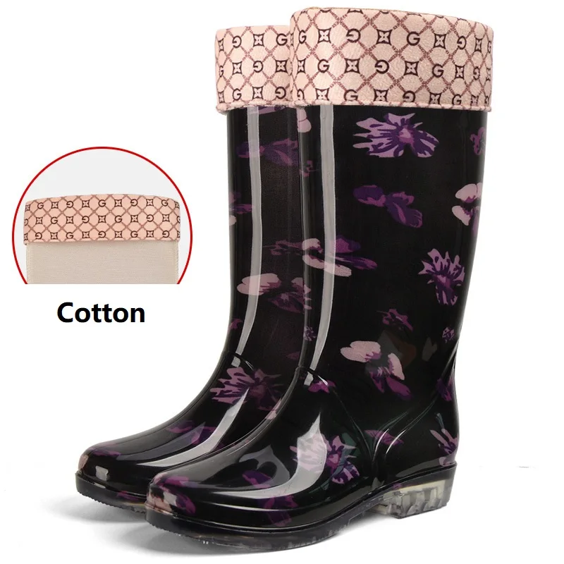 purple flower cotton Aleafalling/ г. Новые женские непромокаемые сапоги низкая водонепроницаемая обувь из ПВХ зимние Нескользящие теплые резиновые ботинки 36-41 - Цвет: purple flower cotton