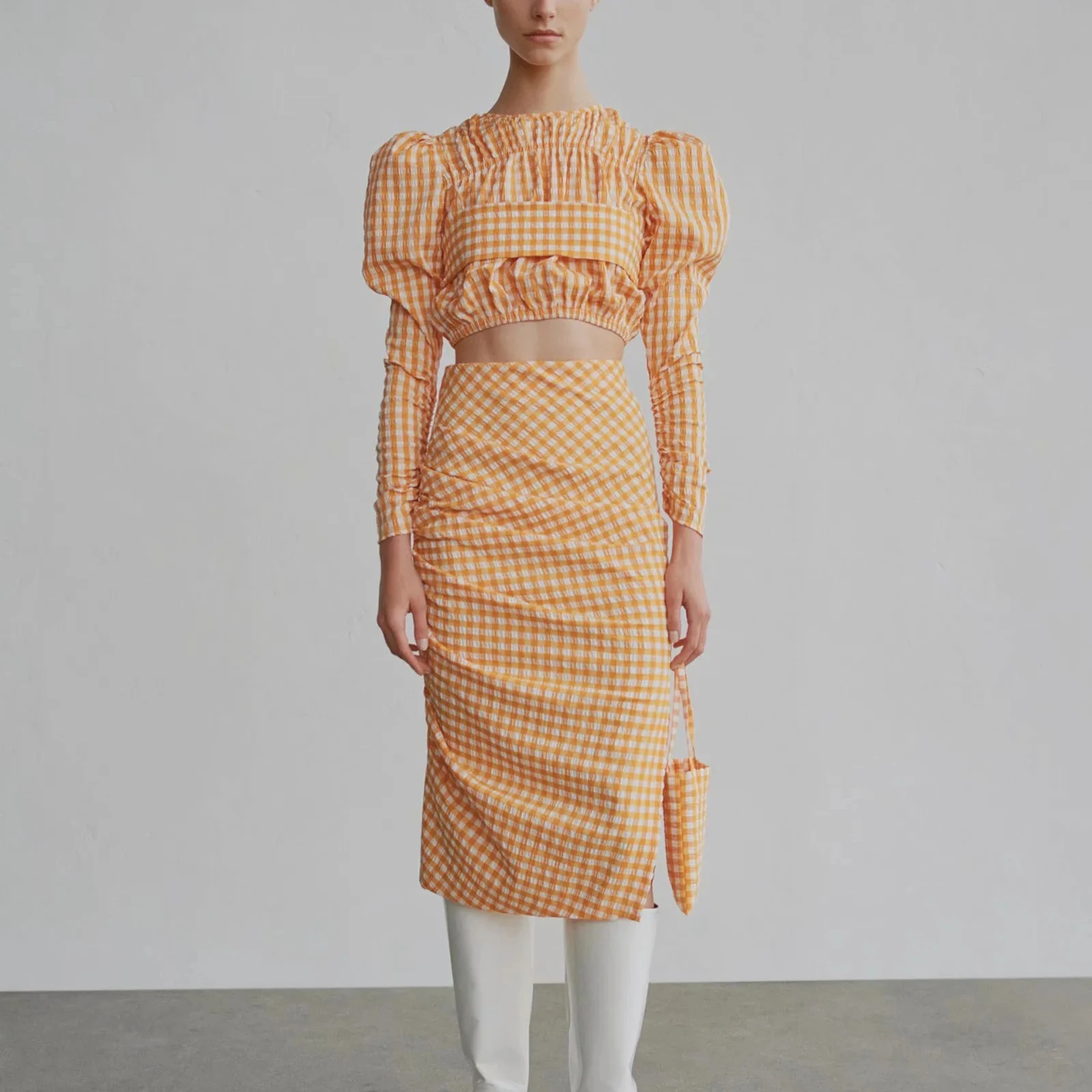 Женский комплект из двух предметов ZA оранжевая клетчатая рубашка с принтом и