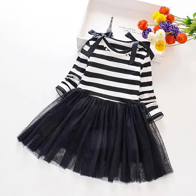 Girls Winter Dresses 2021 New Pearl Necklace Pattern Dress Long Sleeve Clothes Top Coat+ Tutu Mesh Sweater Knitwear | Детская одежда и
