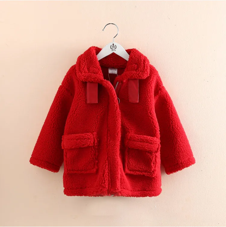 

2021 New Red Winter Lamb Wool Coat for Girls Kids Plus Velvet Jackets for 2-8 Years Olds Thicken Fleece Pockets Coats