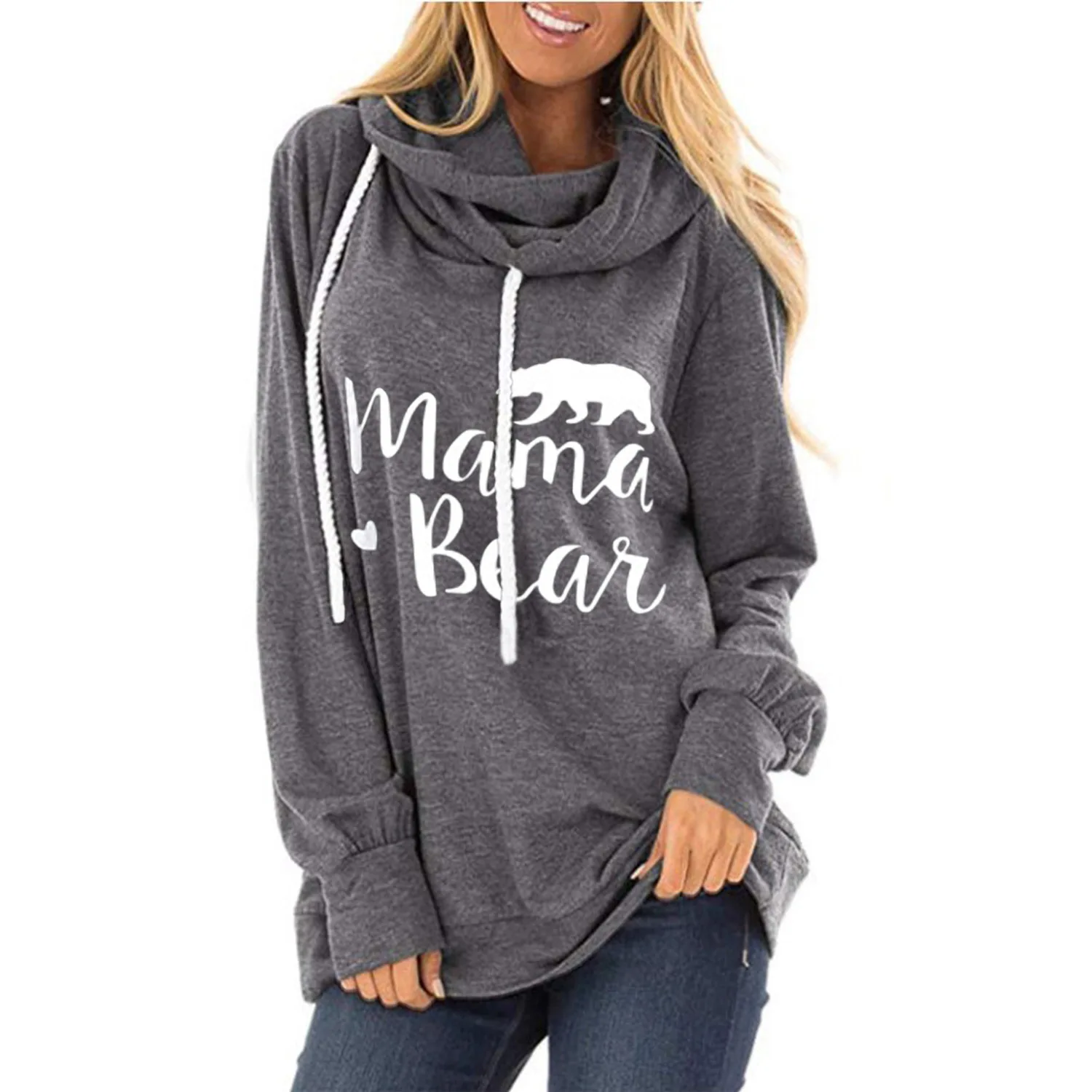 

Women's Hoodie with Drawstrings Sweater Mama Bear Printed Letter Loose O Neck Long-Sleeved T-shirt Woman Tshirts Tops Harajuku