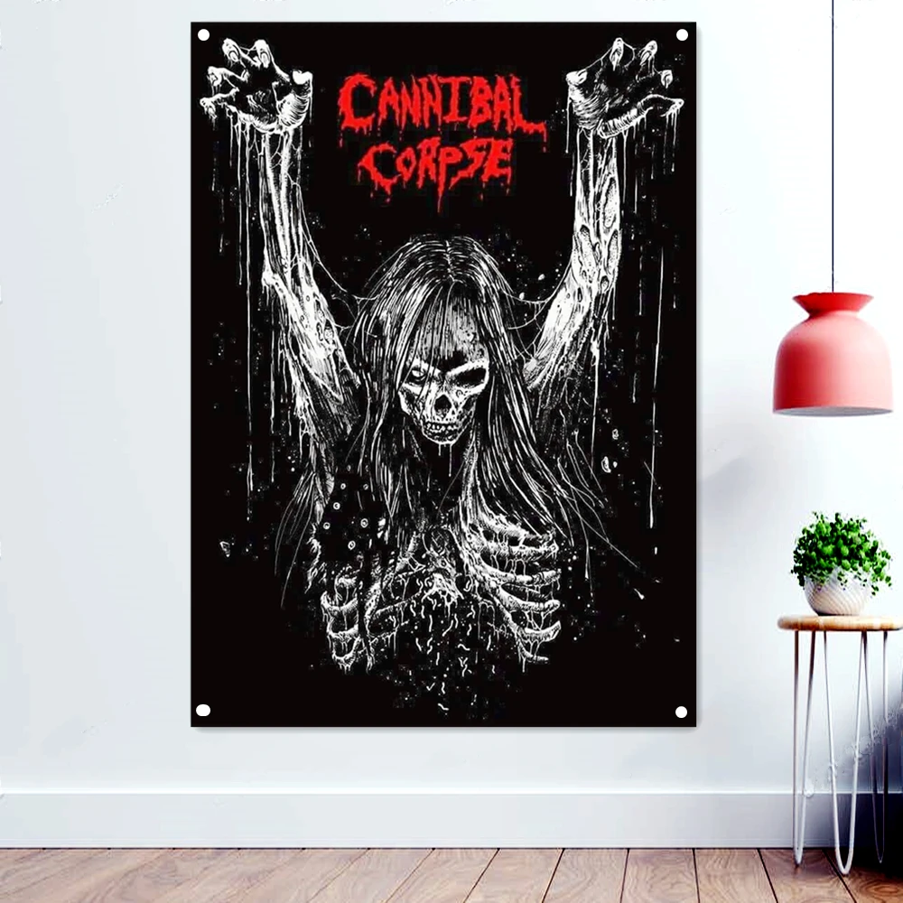 

Death Metal Icon Illustrations Hang Flag CANNIBAL CORPES Skull Art Poster Black/White Skeleton Banners Wall Sticker Home Decor