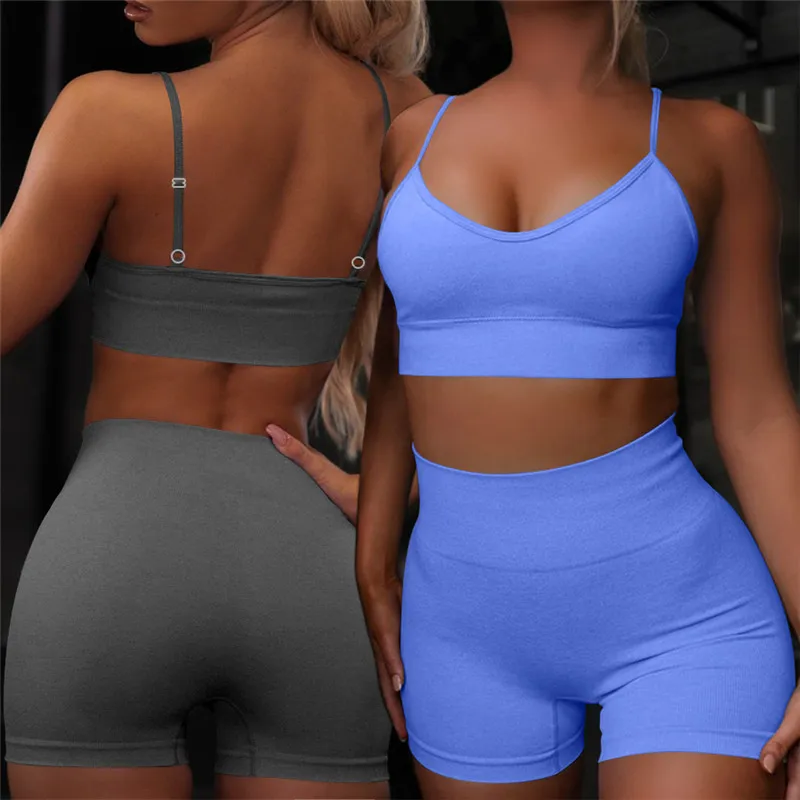 

WEPBEL Women's Sexy Solid Color Slim Yoga Suit Summer High Waist Straight Shorts + O-Neck Backless Spaghetti Strap Top Suit