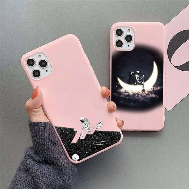 

Black White Moon Stars Space Astronaut Phone Case Candy Color for iPhone 11 12 mini pro XS MAX 8 7 6 6S Plus X 5S SE 2020 XR