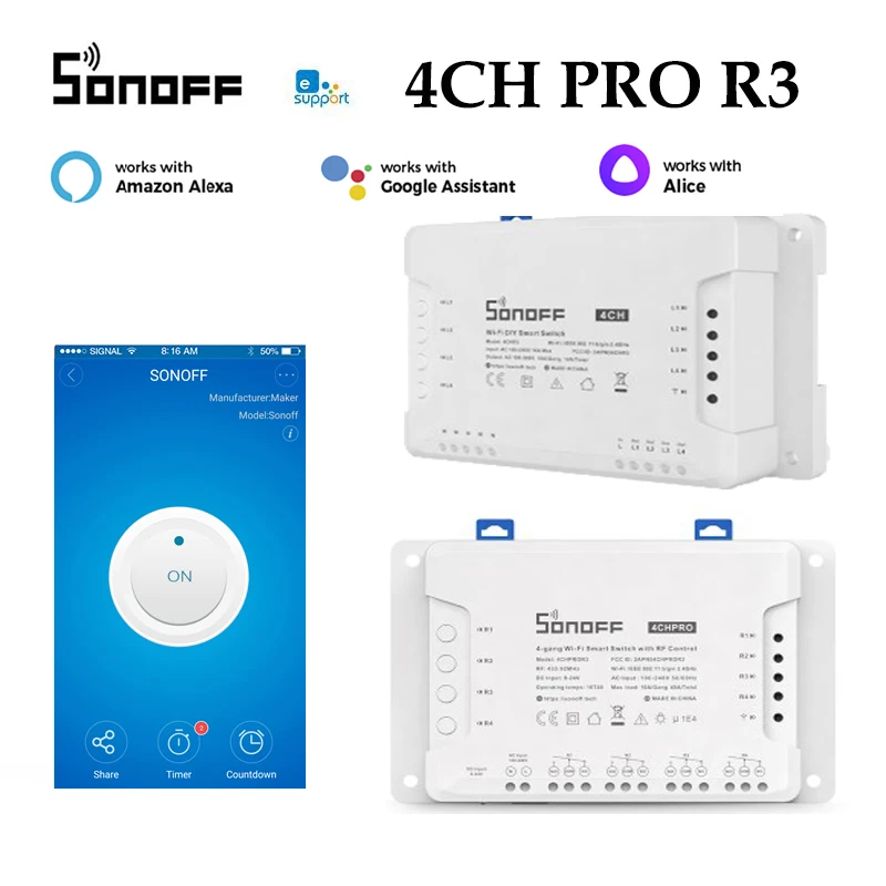 

SONOFF 4CH R3 PROR3 relay Smart DIY WiFI Switch 4 Channel Din Rail Mounting Support eWelink App work with Alexa Google Alice