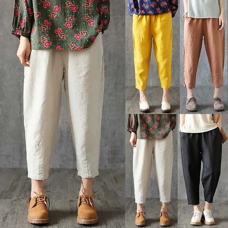 Women Summer Retro Pants Elastic Waist Vintage Straight Plus Size 2019 Loose Thin Solid Female Trousers Femme | Женская одежда
