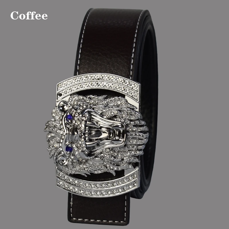 Silver coffee JXQBSYDK Роскошные брендовые ремни для мужчин и женщин модные блестящие алмазные пряжки с головой льва высокое качество пояс формирователь кожаные ремни - Цвет: Silver coffee
