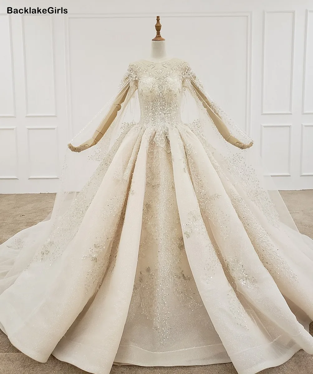 Роскошное Свадебное платье из бисера с накидкой круглым вырезом аппликацией и