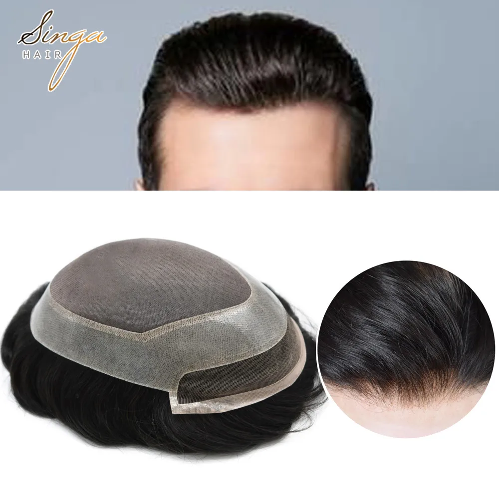 Fine Mono Clear Poly Around Mens Toupee Human Hair All Hand Tied Light Medium Density Black Hair Replacement System P2-3-8