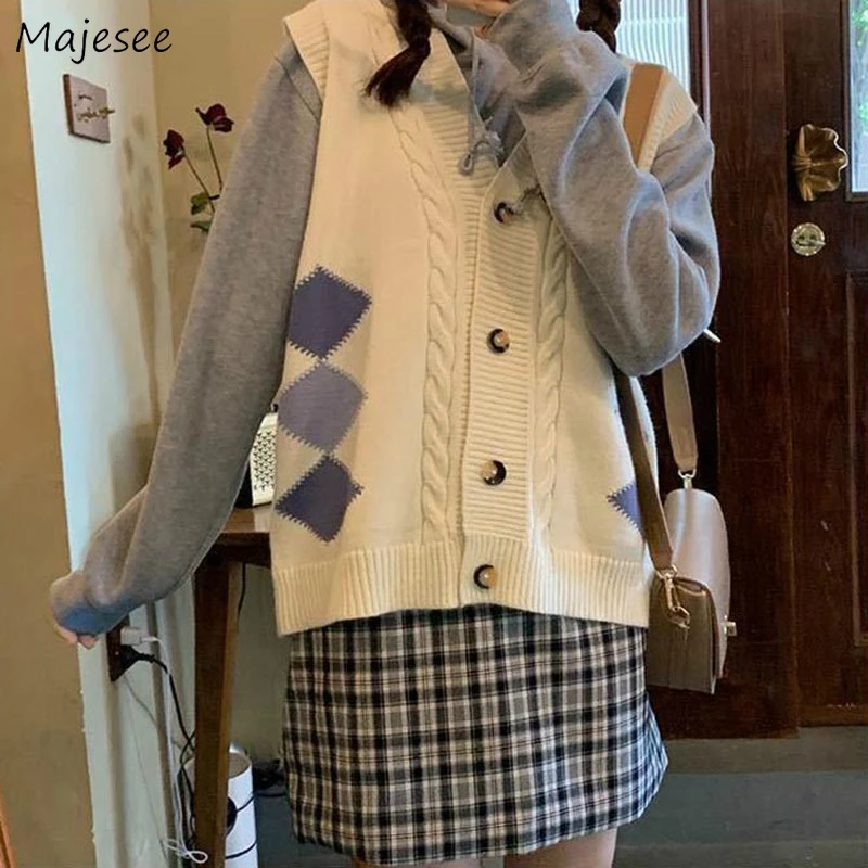 

Women Korean Style Sweater Vests Preppy Students V-Neck Single-breasted Argyle Twist Knitted New Spring All-match Teenagers Tops