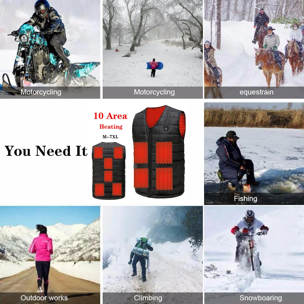 Plus Size 10 Area Heating Vest Men/Women V-neck USB Heated Vest Smart Control Temperature Heating Jacket Coat Winter Hunting