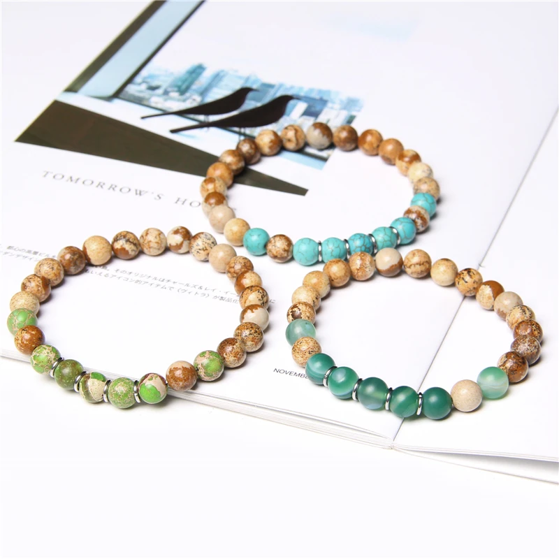 

Natural Picture Jaspe Beads Bracelets For Men Bracelet Handmade Elastic Pulsera Green Stone Charm Bangle Men Jewelry Couple Gift