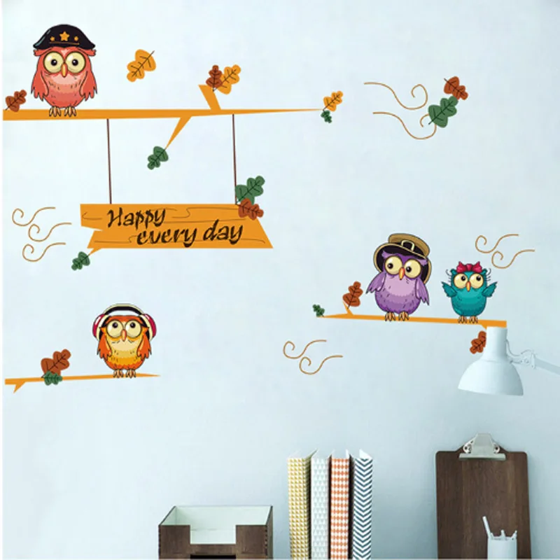 

Owls On a tree Happy Every Day Wall Sticker for Kids Room Home Decor Craft Art Decals Wall Decorations Animal Stickers