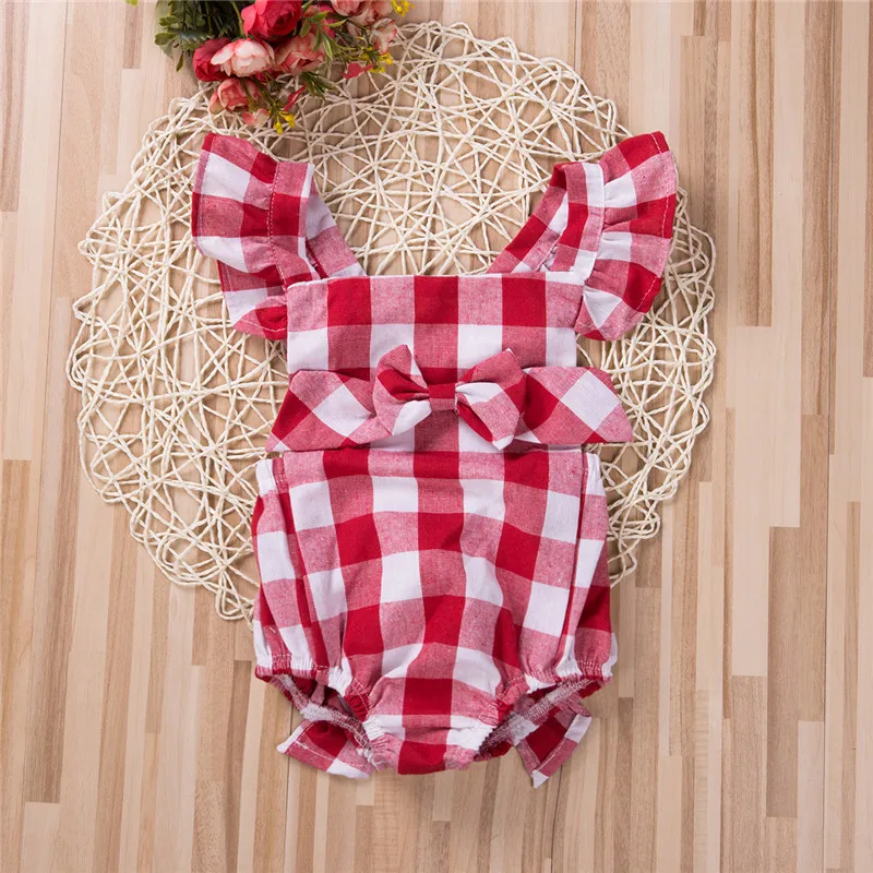 Красное боди в клетку для маленьких девочек Комбинезон с короткими рукавами и