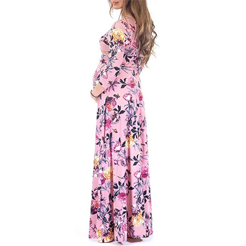 

Autumn And Winter 2021 New Women's V-neck 7-point Sleeve Large Print Long Mop Maternity Dress