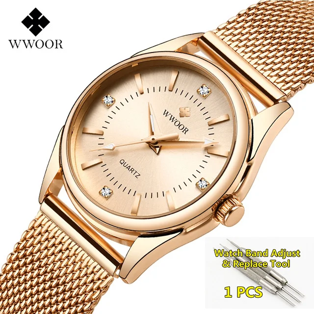 rose-gold-with-tool WWOOR Для женщин часы Элитный бренд платье с бриллиантами золотые наручные часы Нержавеющая сталь женские часы золотые кварцевые часы Для женщин - Цвет: rose-gold-with-tool