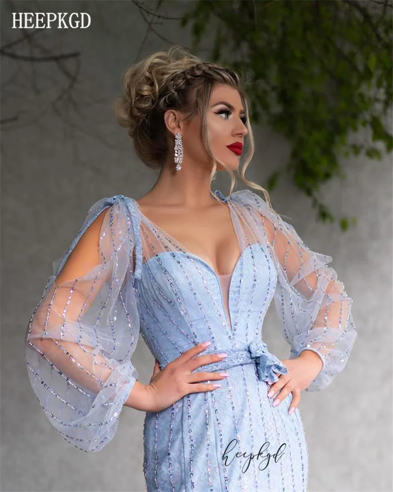 

Mint Blue Long Sleeves Mermaid Arabic Evening Dress V Neck Beading Lace 2020 New Prom Women Dresses Customize Robe De Soiree