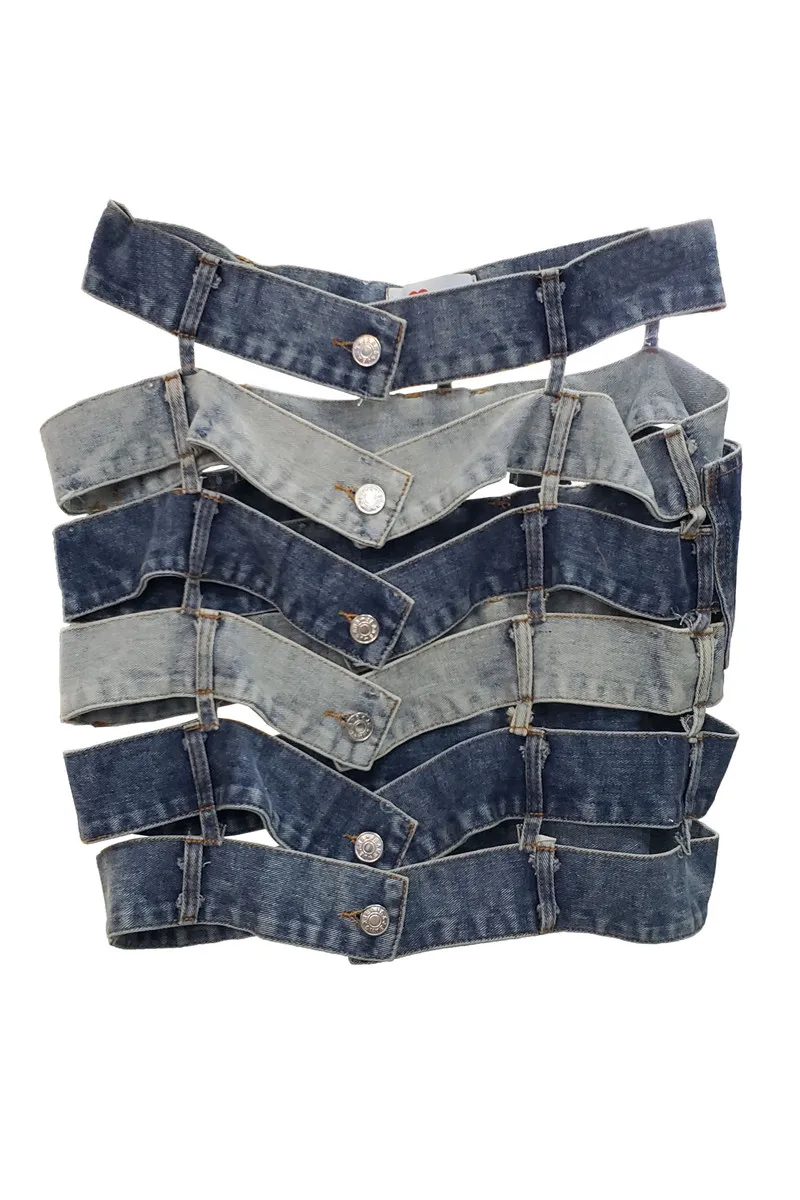 

Chic Denim Mini Skirt for Women 2021 Summer Woman Personality A Line High Waist Hollow-out Color Matching Short Jean Hip Skirts