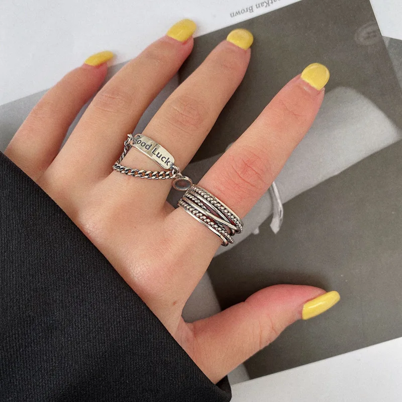 925 серебро удачи массивная цепочка подвеска кольца Регулируемый Винтаж улыбка