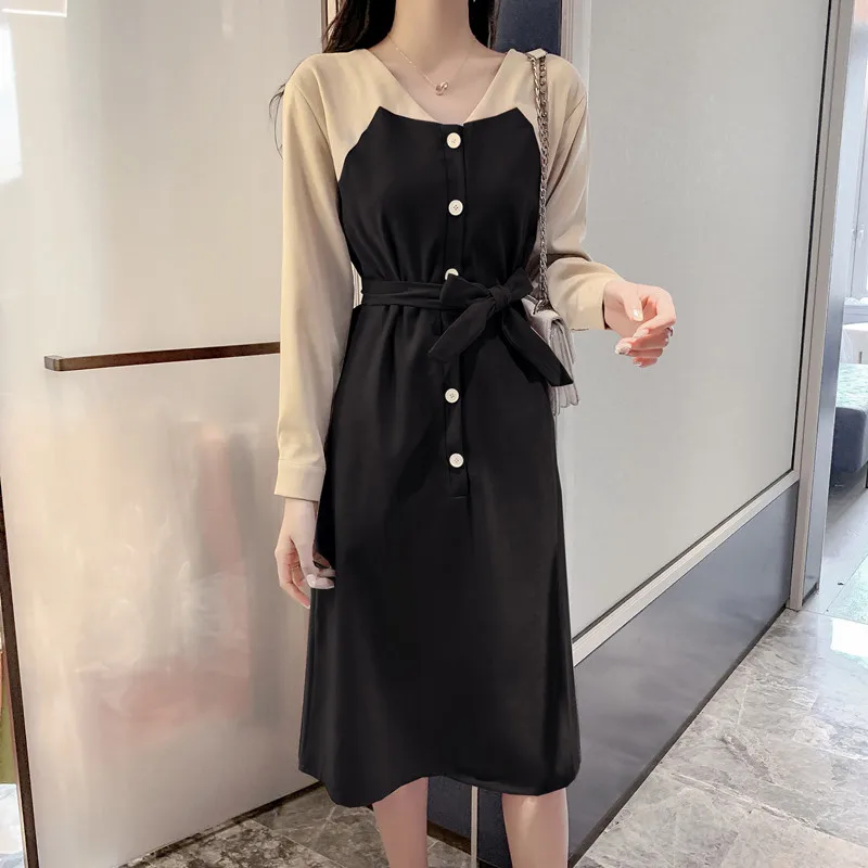 Черные Базовые платья Длинная Женская Весенняя базовая одежда лоскутное