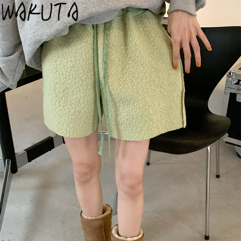 WAKUTA Women 2021 Fashion Fleece Thick Shorts Autumn Winter Korean Style New Elegant High Waist Solid Female Short Pants Mujer | Женская