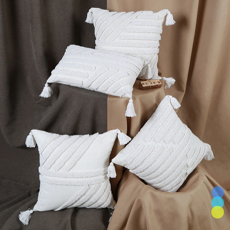 

American Modern Minimalist Pure White Tassel Decorative Design Geometric Pattern Blended Sofa Cushion Cover for Household Docor