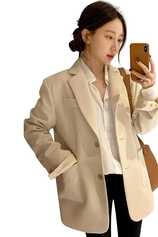 

2021 Spring and Autumn New Beige Suit Jacket Female Korean Casual Blazer Loose Slimming Small Suit Female