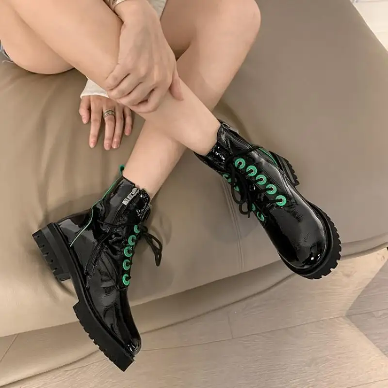 Beli Sepatu Bot Pendek Ujung Bundar Mode Baru Kulit PU Kualitas Tinggi Sepatu Bot Wanita Ukuran Besar Sepatu Bot Ritsleting Renda Sepatu Botines Mujer