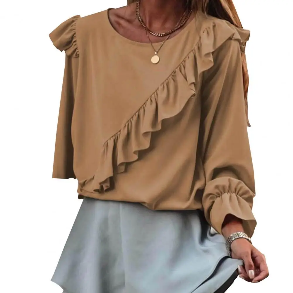 

Офисная блузка с оборками, однобортная женская рубашка на осень и зиму, Женский яркий однотонный топ, элегантная одежда с круглым вырезом