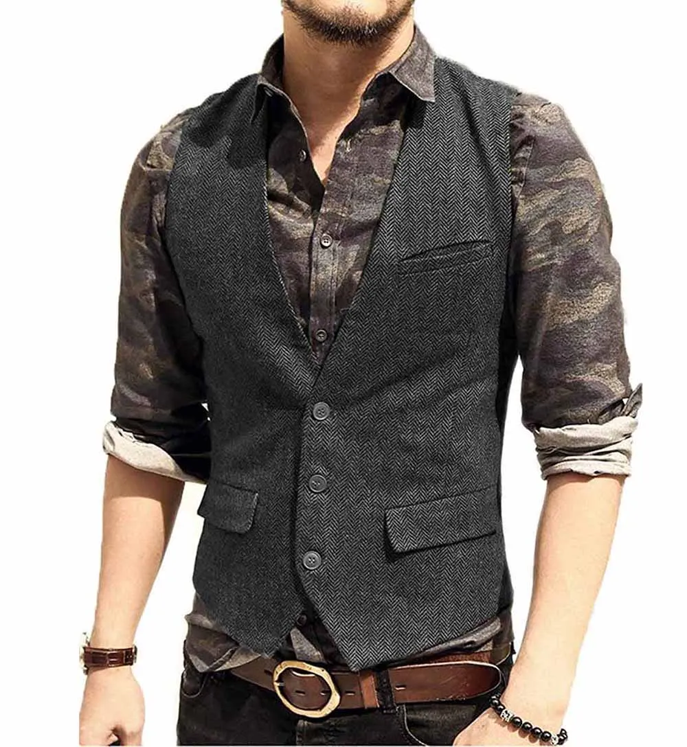 Men's Vest Army Green V Neck Casual Waistcoat Suit Herringbone Tweed Wool Tuxedo For Wedding | Мужская одежда