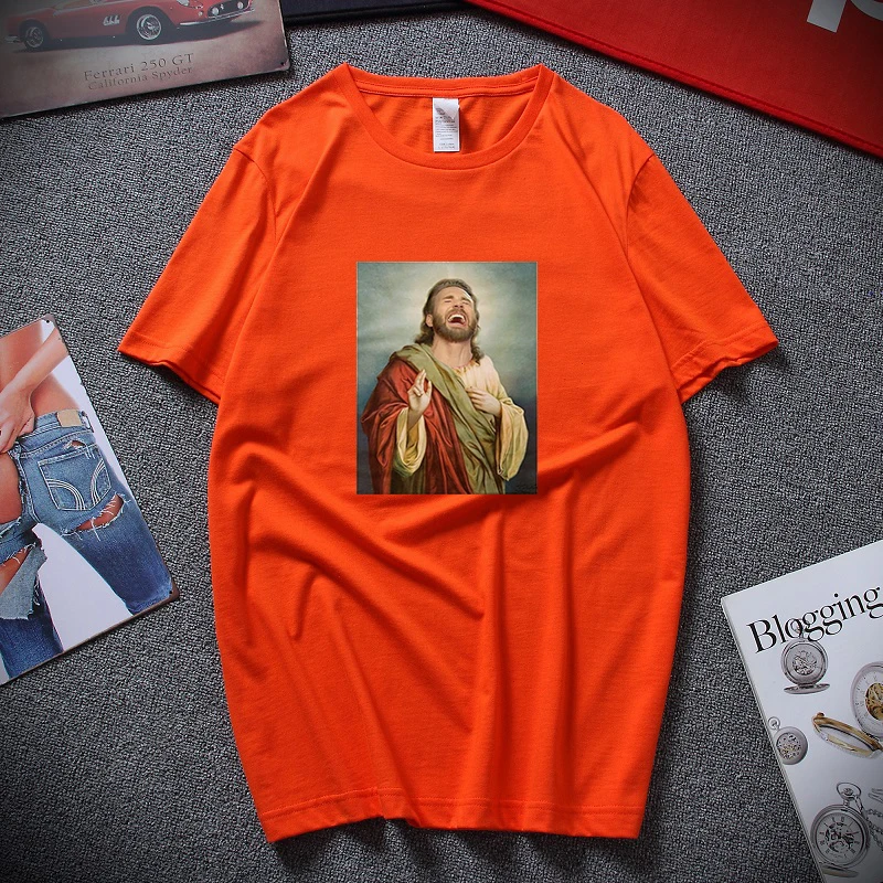 

2021 Summer New Men's Naughty Design Classic Art Chris Evans Prayer Candle Printed Cotton Soft Oversized T-shirt