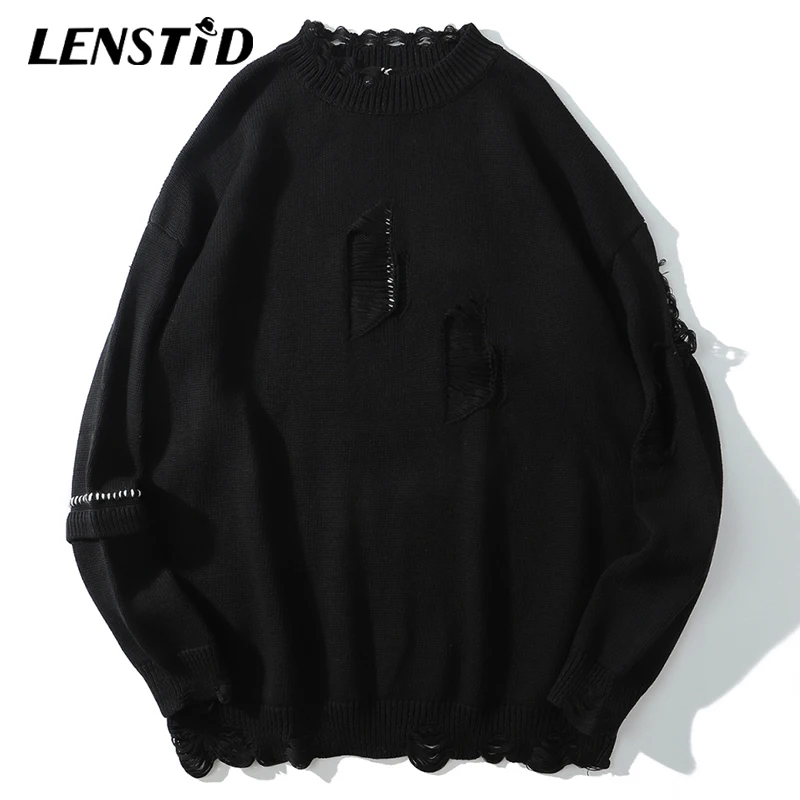 Вязаный джемпер LENSTID мужской в стиле хип-хоп свитер с рваными отверстиями