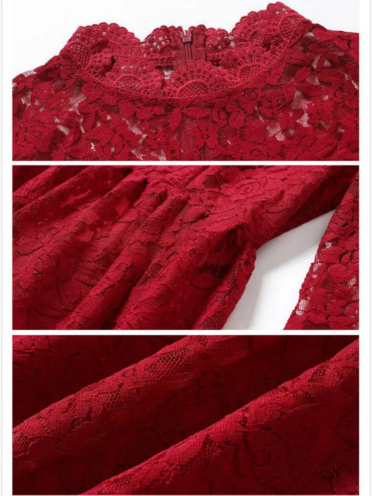 Women Vintage Lace Medium Long Party Dress Women's Spring Autumn Elegant Stand Collar Casual Dresses Red High Waist Vestidos | Женская
