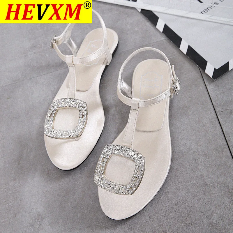 

brand square crystal buckle flat sandals women T-strap silk gladiator sandalias mujer bling rhinestone sandals plus size 42