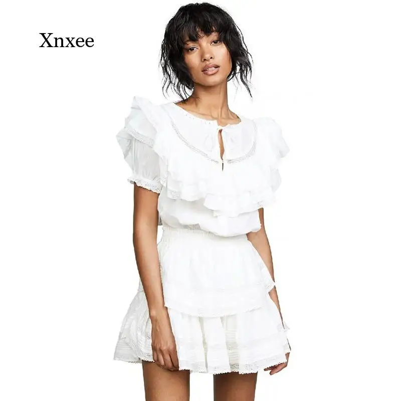 

Женское кружевное мини-платье, белое пляжное лоскутное платье с оборками и коротким рукавом, праздничный наряд, 2021