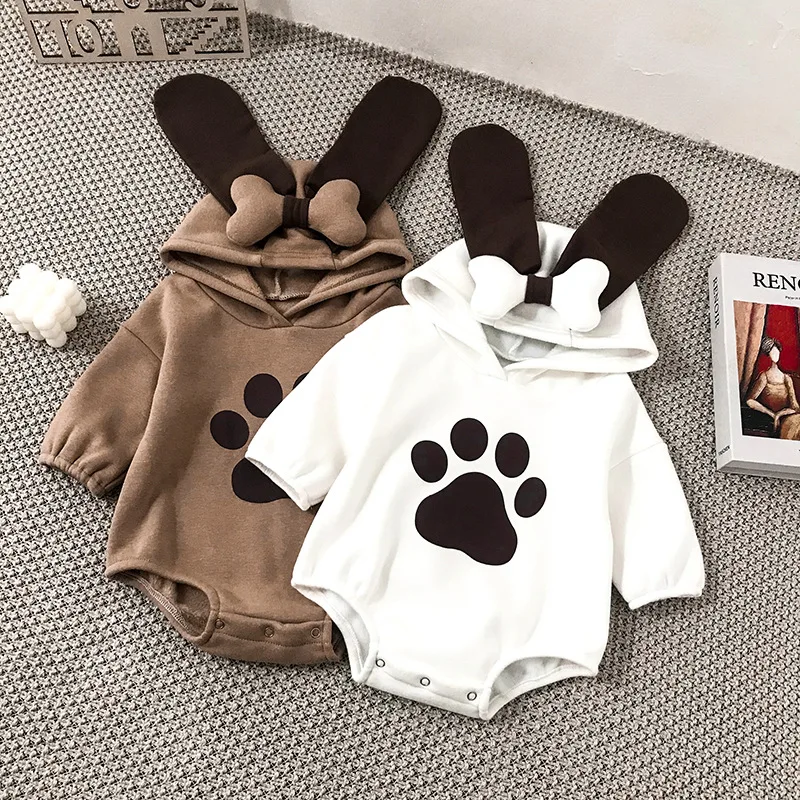 

2021 New Cute Baby Boys Girls Ear Hooded Dog Paws Printed Rompers Infant Warm Fleece Lining Winter Jumpsuits for Toddler Clothes