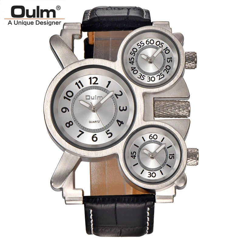 

Часы OULM Мужские кварцевые в стиле милитари, брендовые Роскошные уникальные наручные, с 3 маленькими циферблатами, с кожаным ремешком