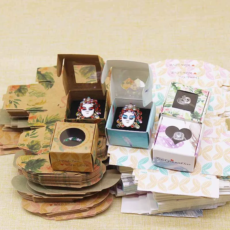 

10pcs 40*40*25mm marbling style ring display box with10 black velvet sponage inside cute window box for gifts candy favors