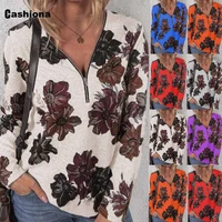 large size 5xl women bohemian flower print t shirt long sleeve tees shirt latest autumn fashion zipper tops femme clothing 2021