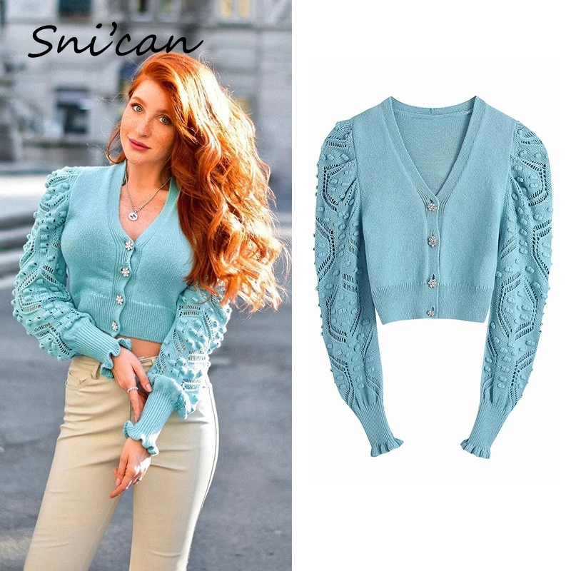 

Snican Spring V Neck Jewelry Buttons Knitwear Sweater Za 2021 Women Balls Knittted Long Sleeve Casual Fashion Cropped Tops Femme