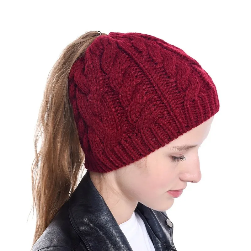 Зима женский хвостик грязная шапка Beanie Шапка мягкая вязаная теплая Осенняя уличная Спортивная повседневная шапка куполообразная вязаный головной убор