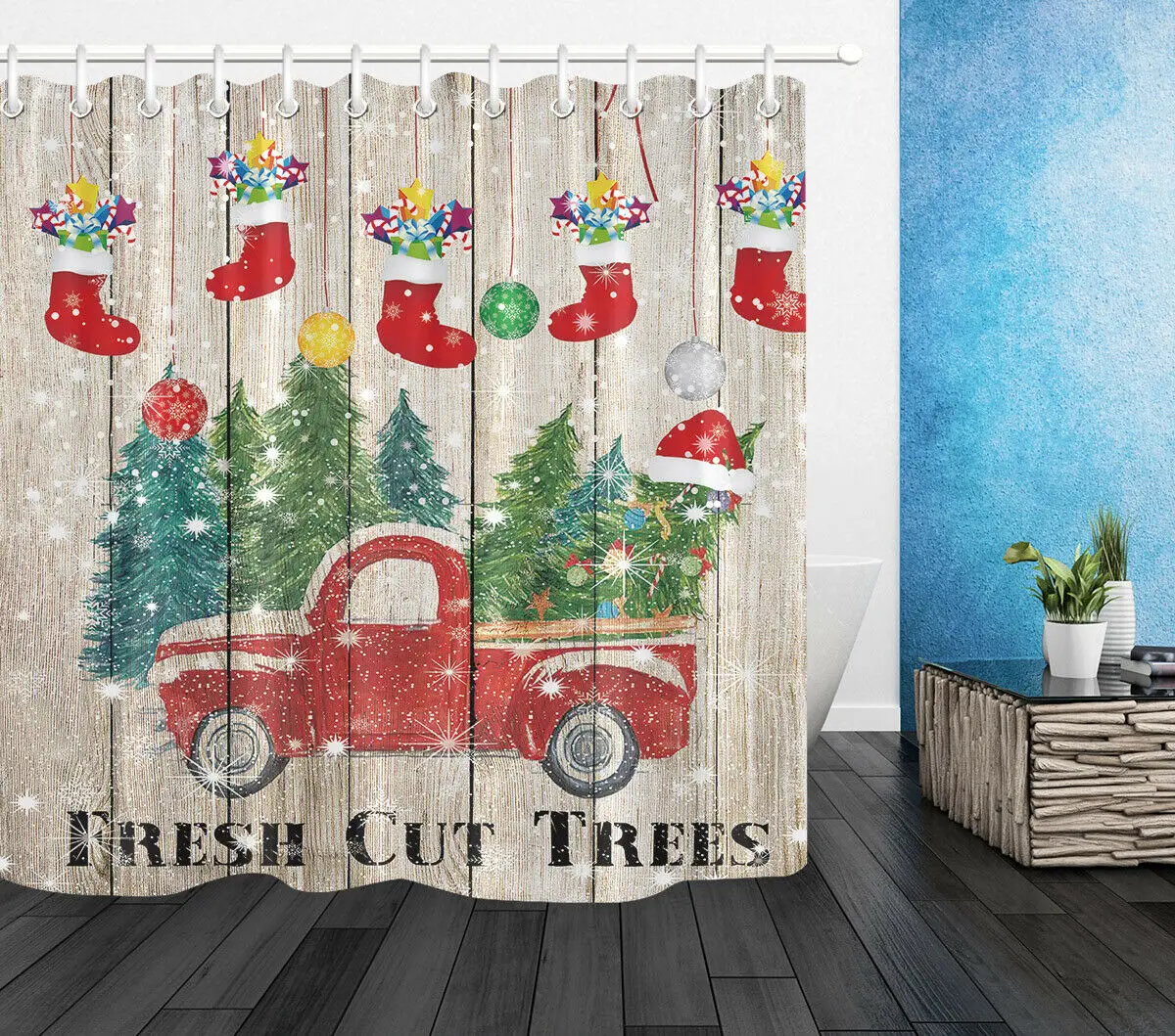 

Christmas Red Pickup Truck with Xmas Tree Shower Curtain Rustic Wood Planks