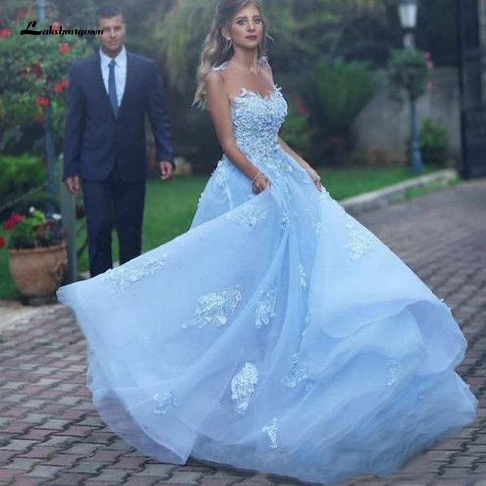 Женское свадебное платье Дубай синее ТРАПЕЦИЕВИДНОЕ невесты с 3D цветами